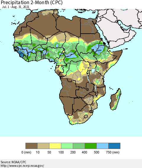 Africa Precipitation 2-Month (CPC) Thematic Map For 7/1/2021 - 8/31/2021
