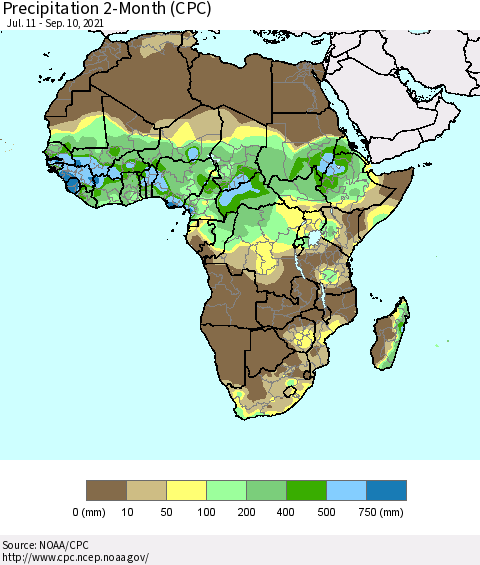 Africa Precipitation 2-Month (CPC) Thematic Map For 7/11/2021 - 9/10/2021