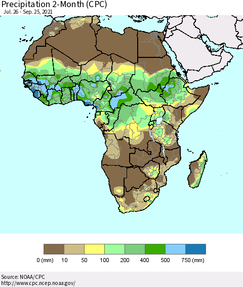 Africa Precipitation 2-Month (CPC) Thematic Map For 7/26/2021 - 9/25/2021