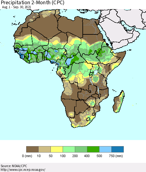 Africa Precipitation 2-Month (CPC) Thematic Map For 8/1/2021 - 9/30/2021