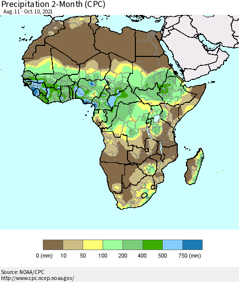Africa Precipitation 2-Month (CPC) Thematic Map For 8/11/2021 - 10/10/2021