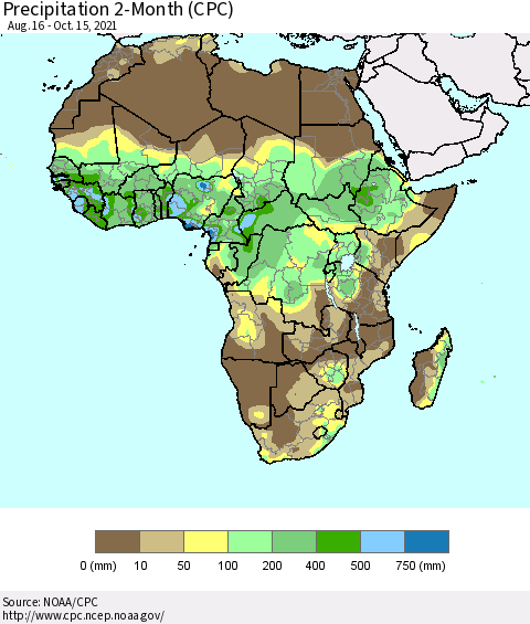 Africa Precipitation 2-Month (CPC) Thematic Map For 8/16/2021 - 10/15/2021