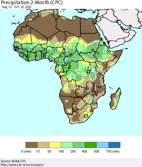 Africa Precipitation 2-Month (CPC) Thematic Map For 8/21/2021 - 10/20/2021