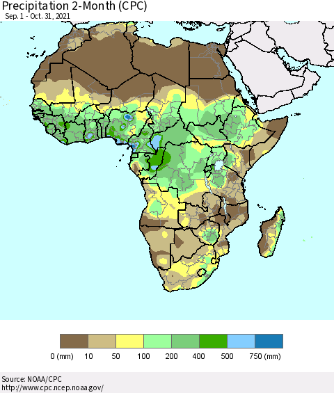 Africa Precipitation 2-Month (CPC) Thematic Map For 9/1/2021 - 10/31/2021