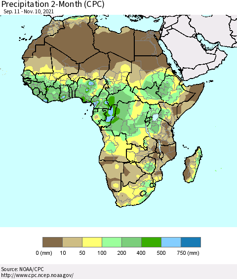 Africa Precipitation 2-Month (CPC) Thematic Map For 9/11/2021 - 11/10/2021