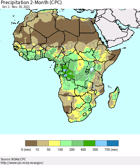 Africa Precipitation 2-Month (CPC) Thematic Map For 10/1/2021 - 11/30/2021