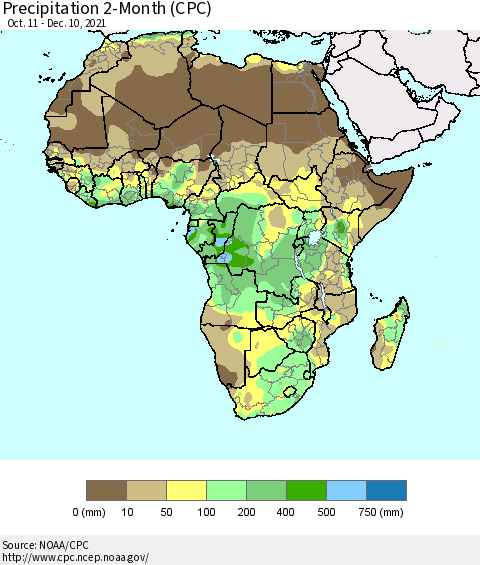 Africa Precipitation 2-Month (CPC) Thematic Map For 10/11/2021 - 12/10/2021