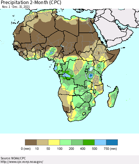 Africa Precipitation 2-Month (CPC) Thematic Map For 11/1/2021 - 12/31/2021
