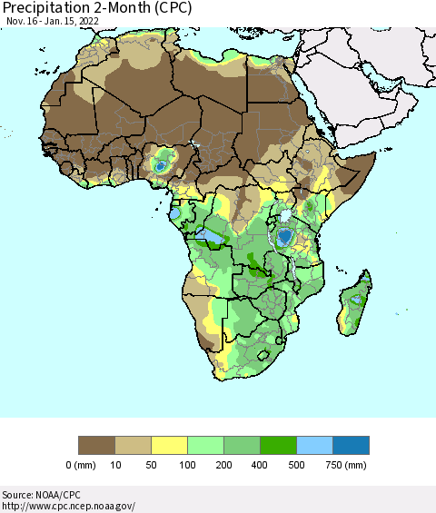 Africa Precipitation 2-Month (CPC) Thematic Map For 11/16/2021 - 1/15/2022