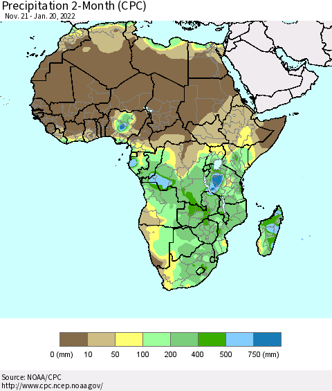Africa Precipitation 2-Month (CPC) Thematic Map For 11/21/2021 - 1/20/2022