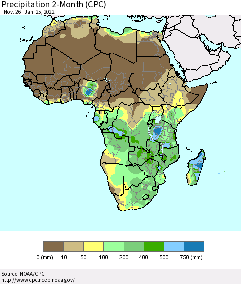 Africa Precipitation 2-Month (CPC) Thematic Map For 11/26/2021 - 1/25/2022