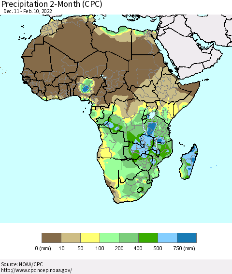 Africa Precipitation 2-Month (CPC) Thematic Map For 12/11/2021 - 2/10/2022