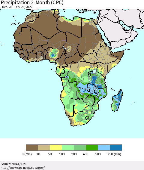 Africa Precipitation 2-Month (CPC) Thematic Map For 12/26/2021 - 2/25/2022