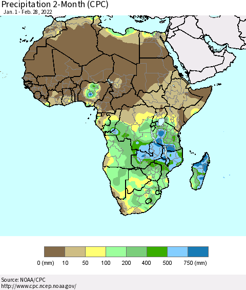 Africa Precipitation 2-Month (CPC) Thematic Map For 1/1/2022 - 2/28/2022