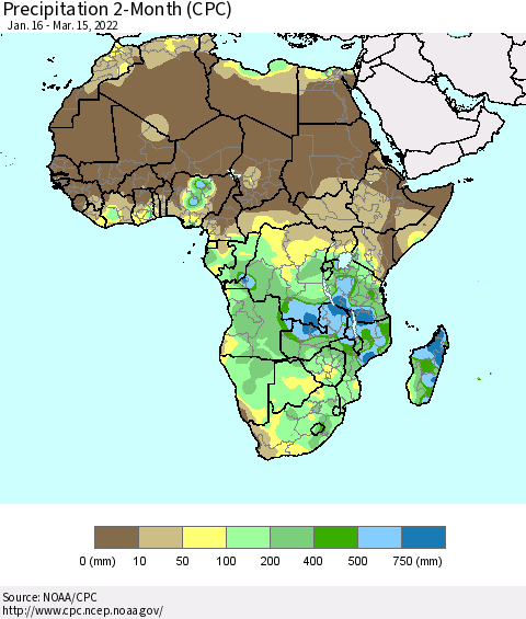 Africa Precipitation 2-Month (CPC) Thematic Map For 1/16/2022 - 3/15/2022