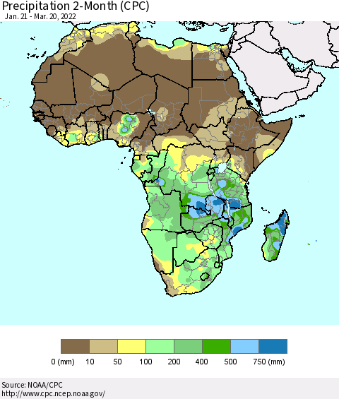 Africa Precipitation 2-Month (CPC) Thematic Map For 1/21/2022 - 3/20/2022