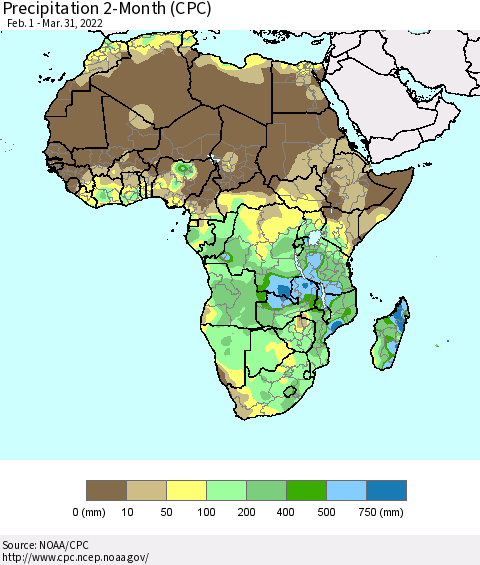 Africa Precipitation 2-Month (CPC) Thematic Map For 2/1/2022 - 3/31/2022