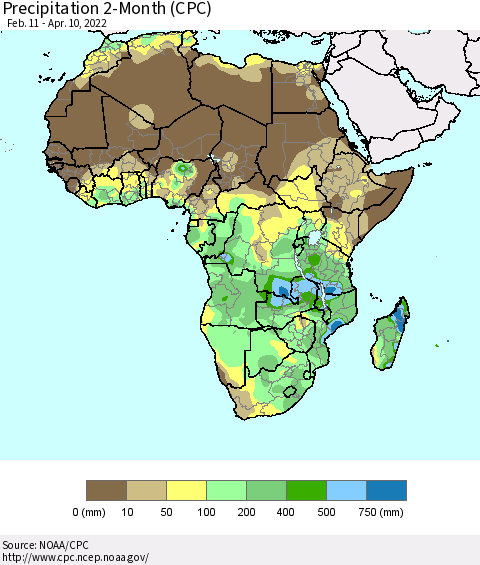 Africa Precipitation 2-Month (CPC) Thematic Map For 2/11/2022 - 4/10/2022