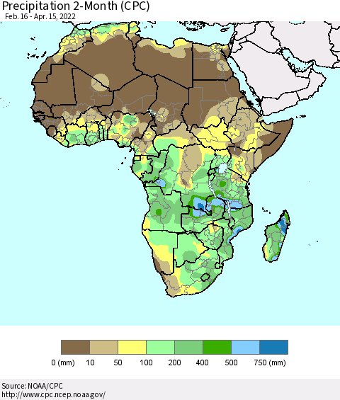 Africa Precipitation 2-Month (CPC) Thematic Map For 2/16/2022 - 4/15/2022