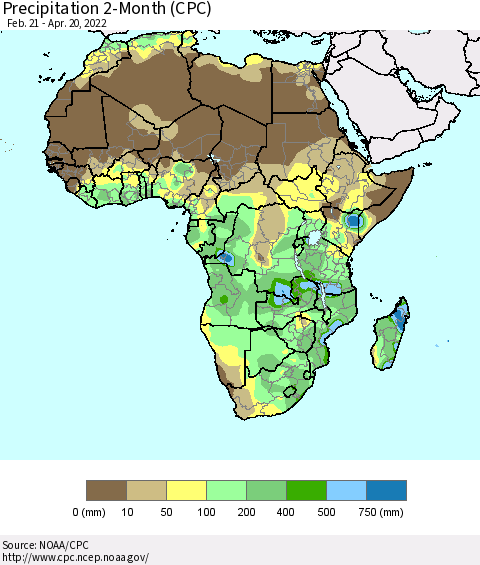 Africa Precipitation 2-Month (CPC) Thematic Map For 2/21/2022 - 4/20/2022