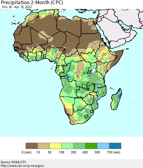 Africa Precipitation 2-Month (CPC) Thematic Map For 2/26/2022 - 4/25/2022