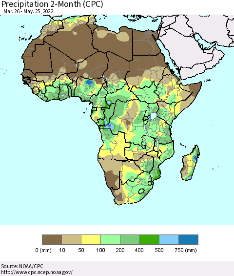 Africa Precipitation 2-Month (CPC) Thematic Map For 3/26/2022 - 5/25/2022