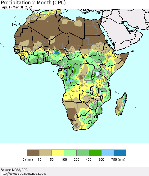 Africa Precipitation 2-Month (CPC) Thematic Map For 4/1/2022 - 5/31/2022
