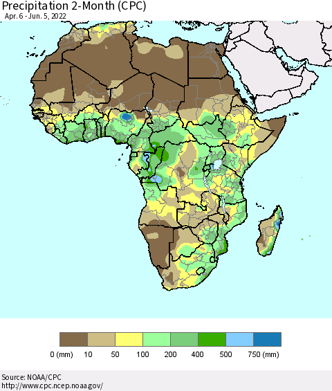 Africa Precipitation 2-Month (CPC) Thematic Map For 4/6/2022 - 6/5/2022