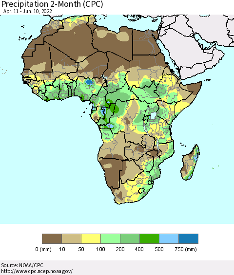 Africa Precipitation 2-Month (CPC) Thematic Map For 4/11/2022 - 6/10/2022