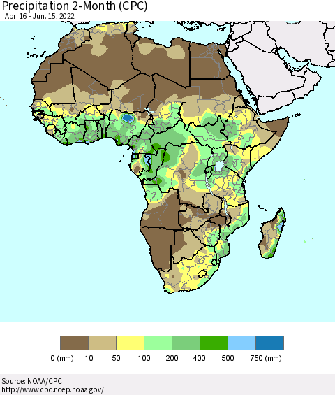 Africa Precipitation 2-Month (CPC) Thematic Map For 4/16/2022 - 6/15/2022
