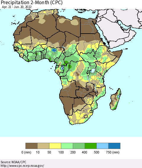 Africa Precipitation 2-Month (CPC) Thematic Map For 4/21/2022 - 6/20/2022