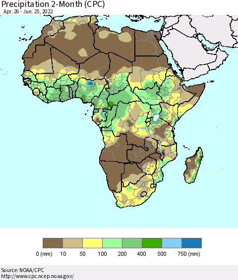 Africa Precipitation 2-Month (CPC) Thematic Map For 4/26/2022 - 6/25/2022