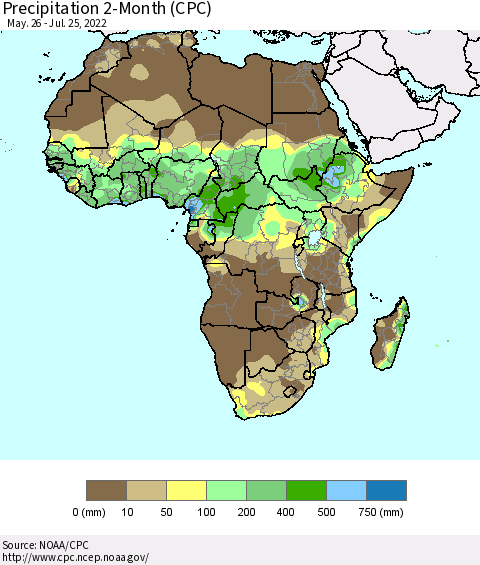 Africa Precipitation 2-Month (CPC) Thematic Map For 5/26/2022 - 7/25/2022