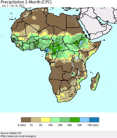 Africa Precipitation 2-Month (CPC) Thematic Map For 6/1/2022 - 7/31/2022