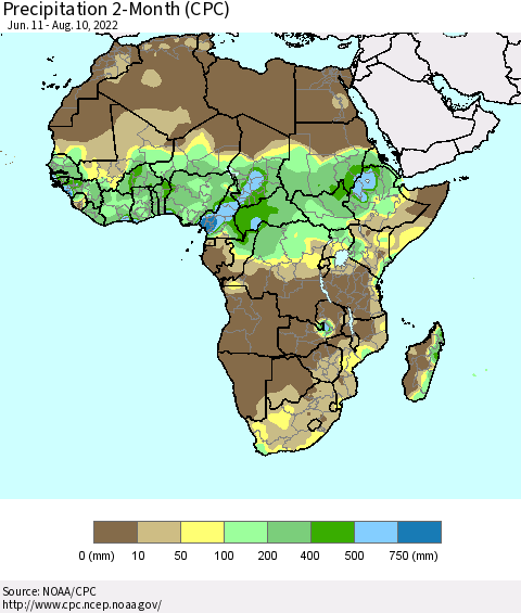 Africa Precipitation 2-Month (CPC) Thematic Map For 6/11/2022 - 8/10/2022