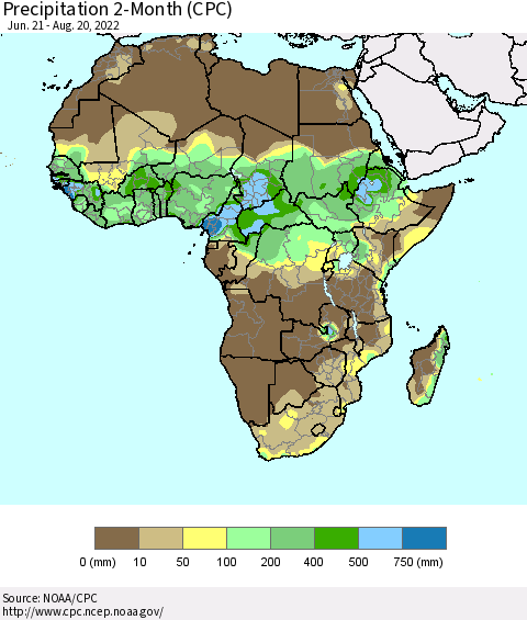 Africa Precipitation 2-Month (CPC) Thematic Map For 6/21/2022 - 8/20/2022