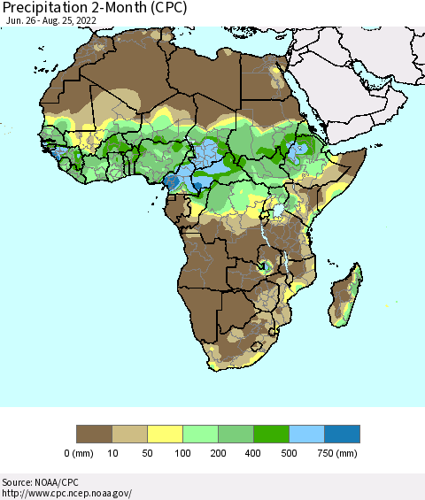 Africa Precipitation 2-Month (CPC) Thematic Map For 6/26/2022 - 8/25/2022