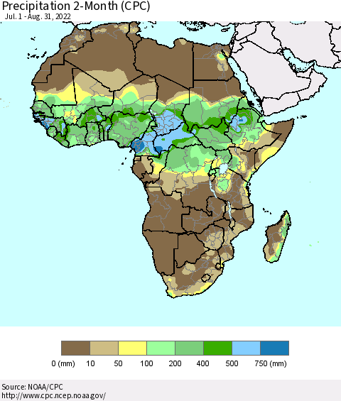 Africa Precipitation 2-Month (CPC) Thematic Map For 7/1/2022 - 8/31/2022