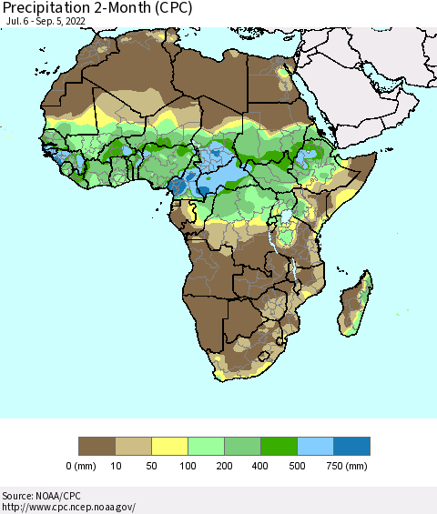 Africa Precipitation 2-Month (CPC) Thematic Map For 7/6/2022 - 9/5/2022