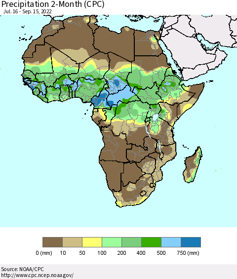 Africa Precipitation 2-Month (CPC) Thematic Map For 7/16/2022 - 9/15/2022