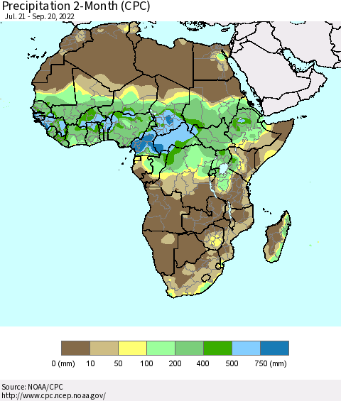 Africa Precipitation 2-Month (CPC) Thematic Map For 7/21/2022 - 9/20/2022