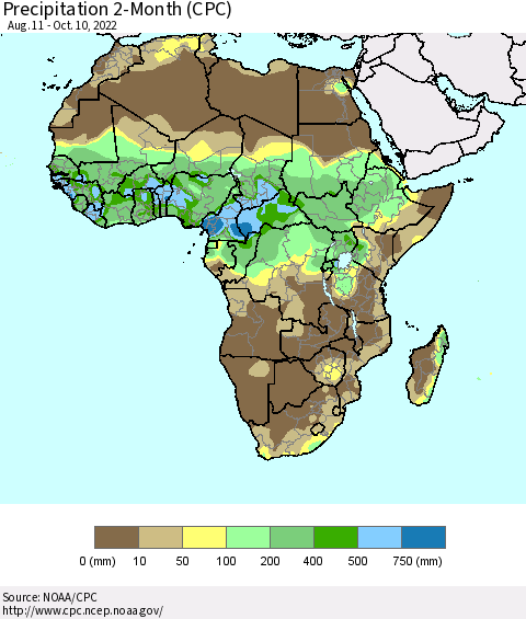 Africa Precipitation 2-Month (CPC) Thematic Map For 8/11/2022 - 10/10/2022