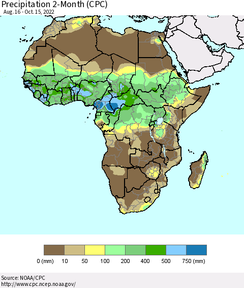 Africa Precipitation 2-Month (CPC) Thematic Map For 8/16/2022 - 10/15/2022