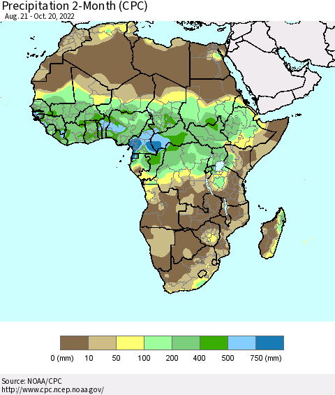 Africa Precipitation 2-Month (CPC) Thematic Map For 8/21/2022 - 10/20/2022