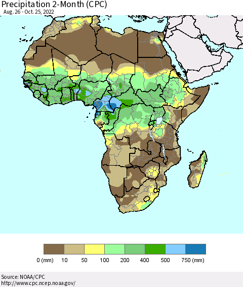 Africa Precipitation 2-Month (CPC) Thematic Map For 8/26/2022 - 10/25/2022