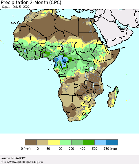 Africa Precipitation 2-Month (CPC) Thematic Map For 9/1/2022 - 10/31/2022