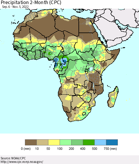 Africa Precipitation 2-Month (CPC) Thematic Map For 9/6/2022 - 11/5/2022