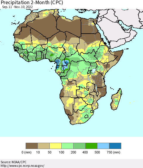 Africa Precipitation 2-Month (CPC) Thematic Map For 9/11/2022 - 11/10/2022