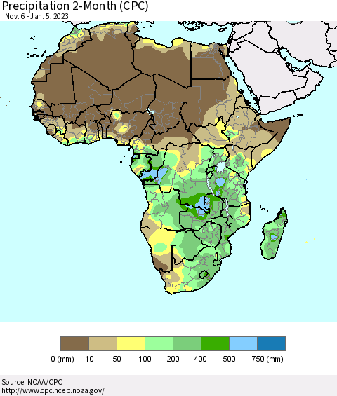 Africa Precipitation 2-Month (CPC) Thematic Map For 11/6/2022 - 1/5/2023