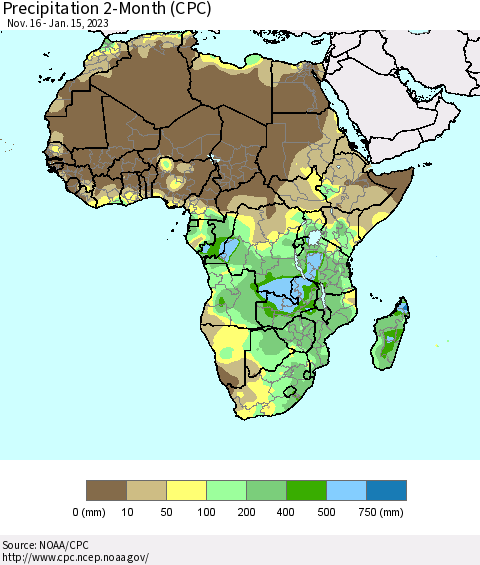 Africa Precipitation 2-Month (CPC) Thematic Map For 11/16/2022 - 1/15/2023